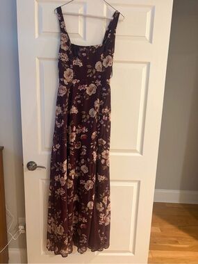 Lulu's Burgundy Floral Maxi Dress with Pink and Cream Blossoms